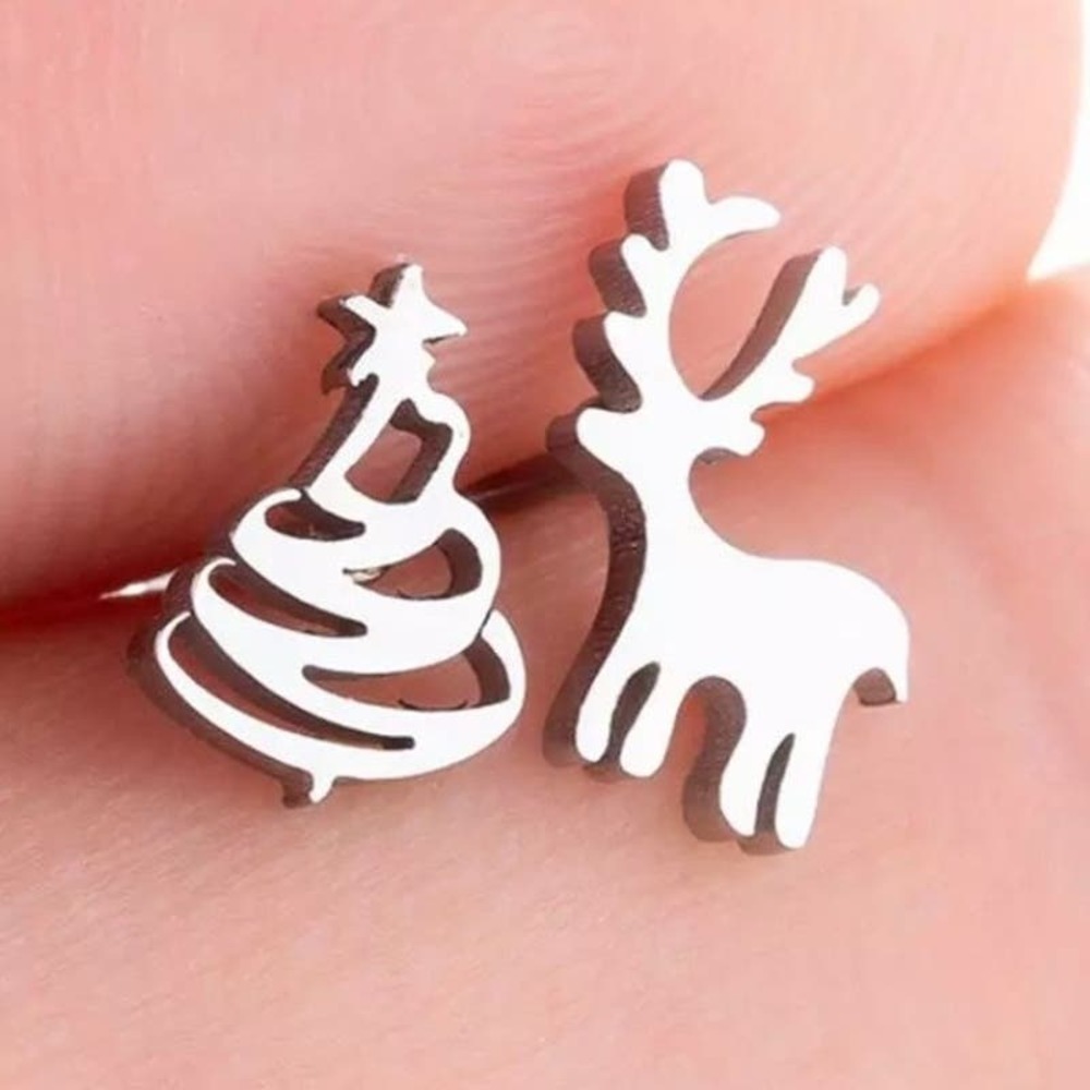 Christmas Tree Reindeer Mismatched Earrings Silver Tone Stainless Steel